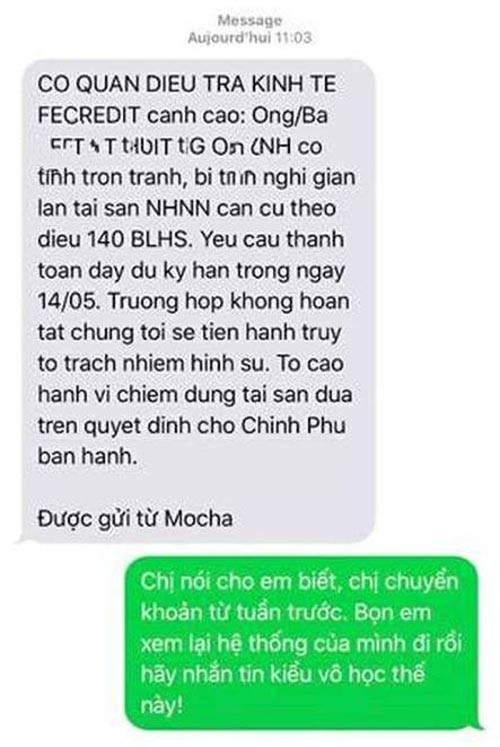 Tin nhắn FE Credit hăm doạ kh&aacute;ch h&agrave;ng